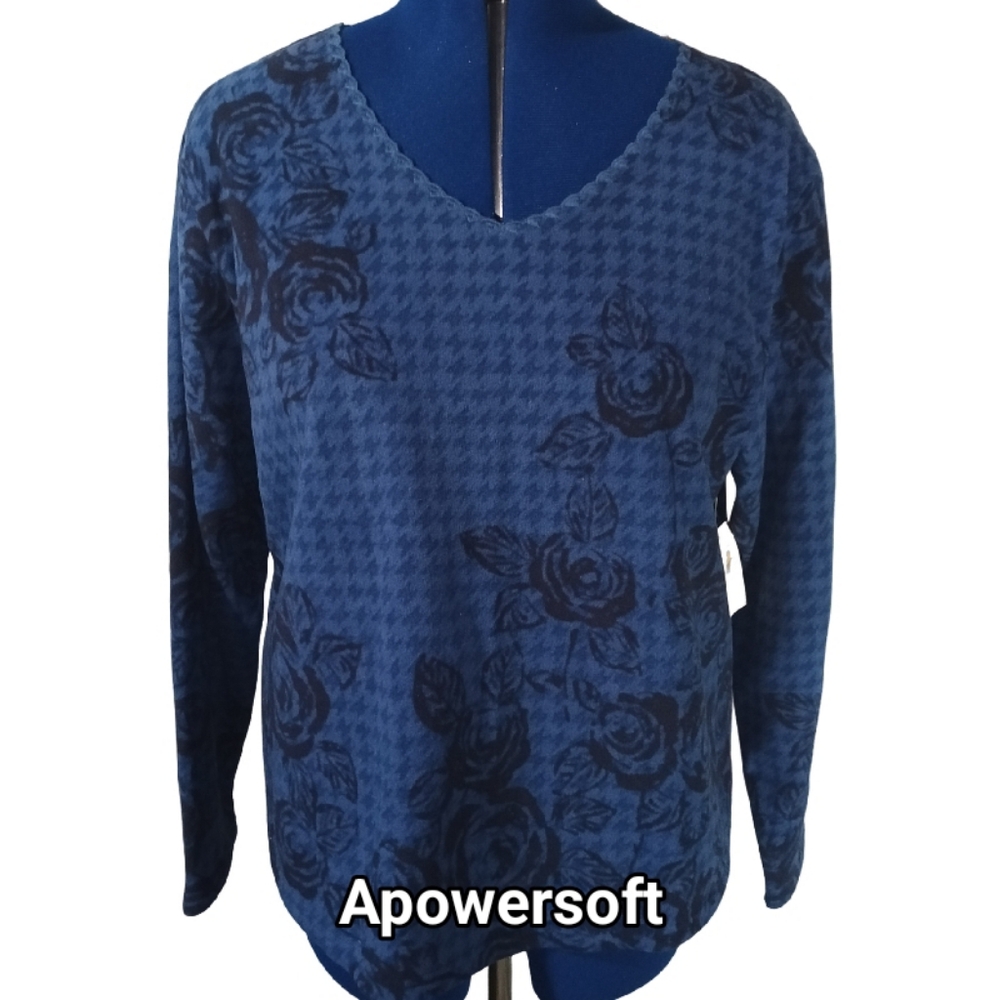 Coldwater Creek Blue Tonal Print Fleece V Neck Pullover Size XL NWT